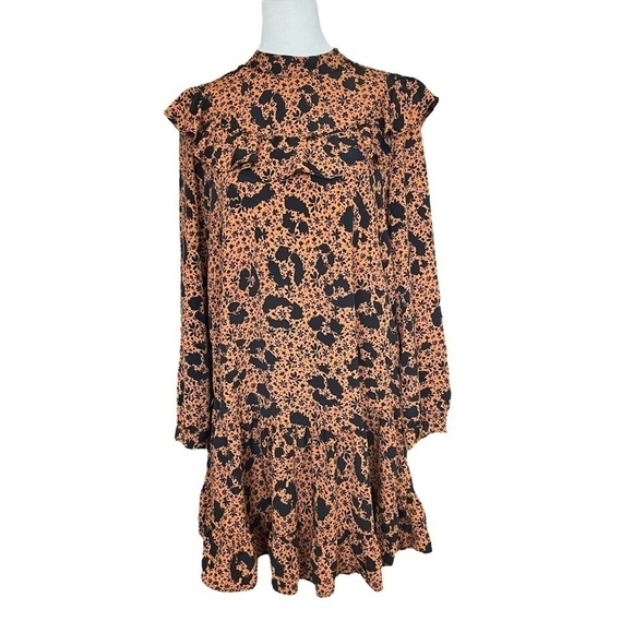 TOPSHOP Ustard Ruffle Yoke Long Sleeve Floral Mini Shift Dress - Picture 4 of 8